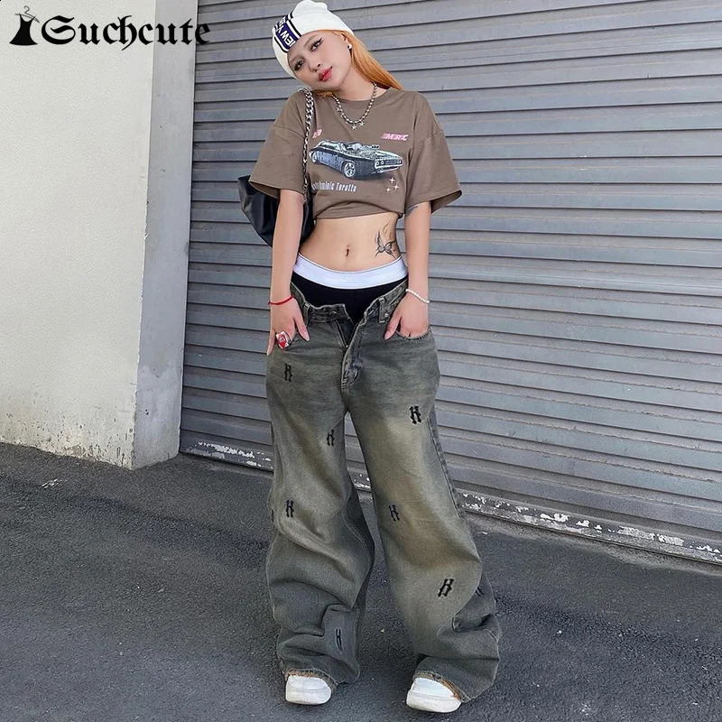 SUCHCUTE Print Kpop Streetwear Low Rise Baggy Jeans Korean Fashion Y2K Vintage Oversize Pants Denim Gyaru Harajuku Jeans 250319