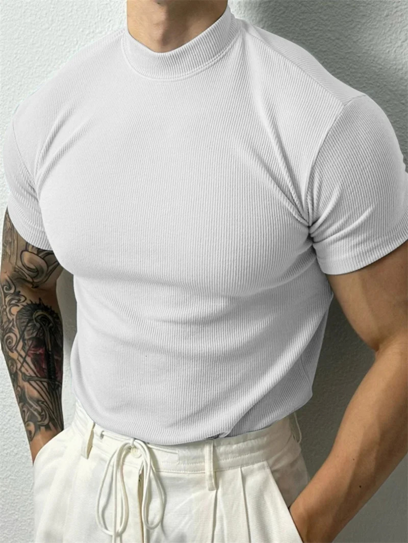 Spring and summer fashion mens Tshirt small high neck striped short sleeved fitness top casual sports shirt 250320