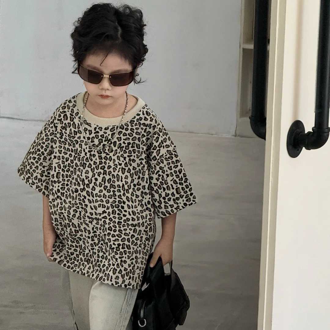 Childrens clothing childrens casual T-shirt 2025 summer short sleeved fashionable leopard print half sleeved cool top suitable for boys and girlsT2503