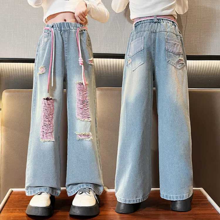 Girls Fashion Jeans 2024 Summer Thin Korean Edition Middle and Large Childrens Straight Cut Hole Jeans Fashion Wide Leg Pants 120-170CMT250326