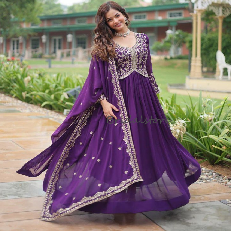 Ethnic Purple Lehenga Evening Dress With Dupatta Paskistani Georgette V Neck Gold Lace Abaya Prom Dress Indian Party Special Occasion Wear Reception D