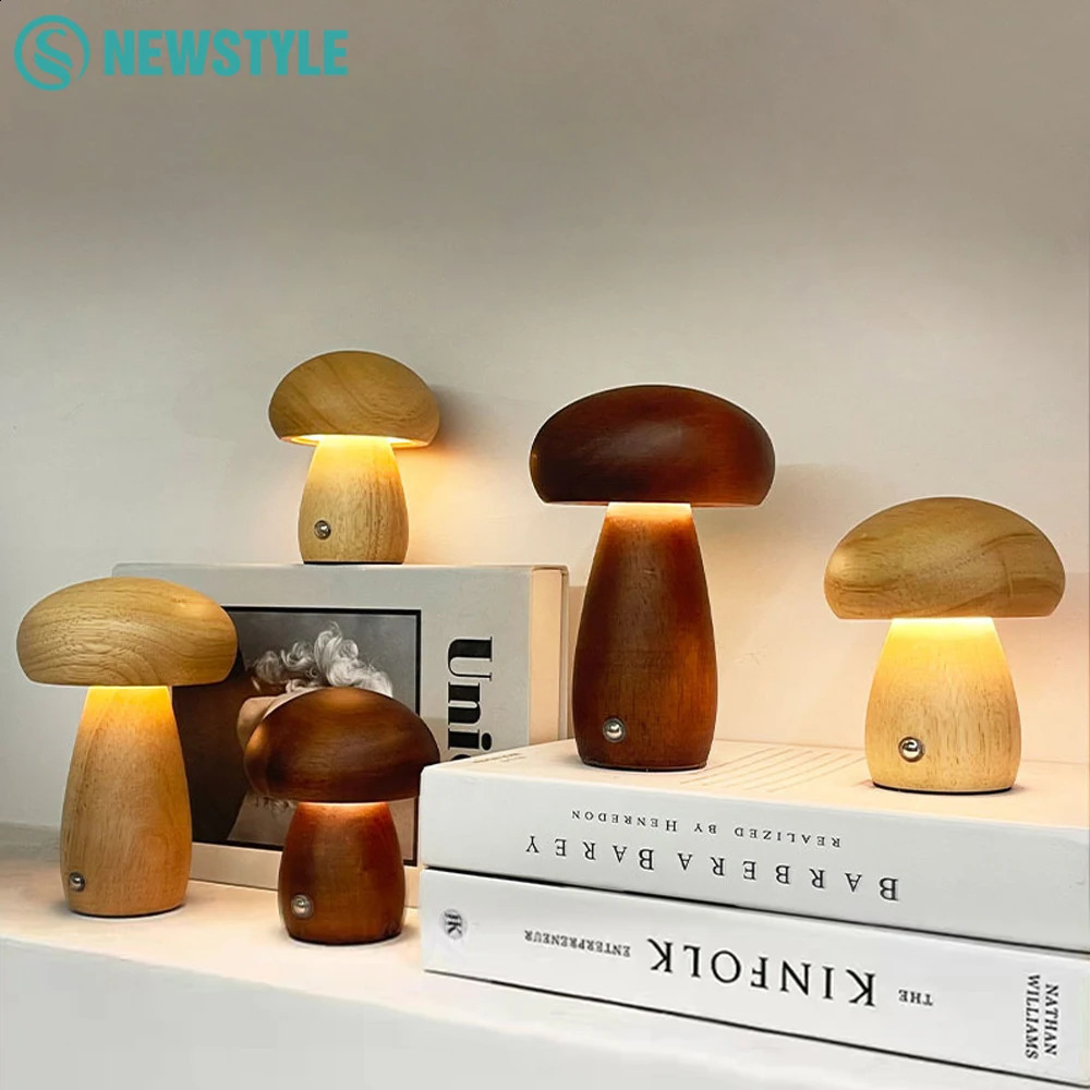 INS Wooden Creative Mushroom Night Light Stepless Dimming Bedside Table Lamp 3 Color Rechargeable Sleeping Nightlights For Room 250319