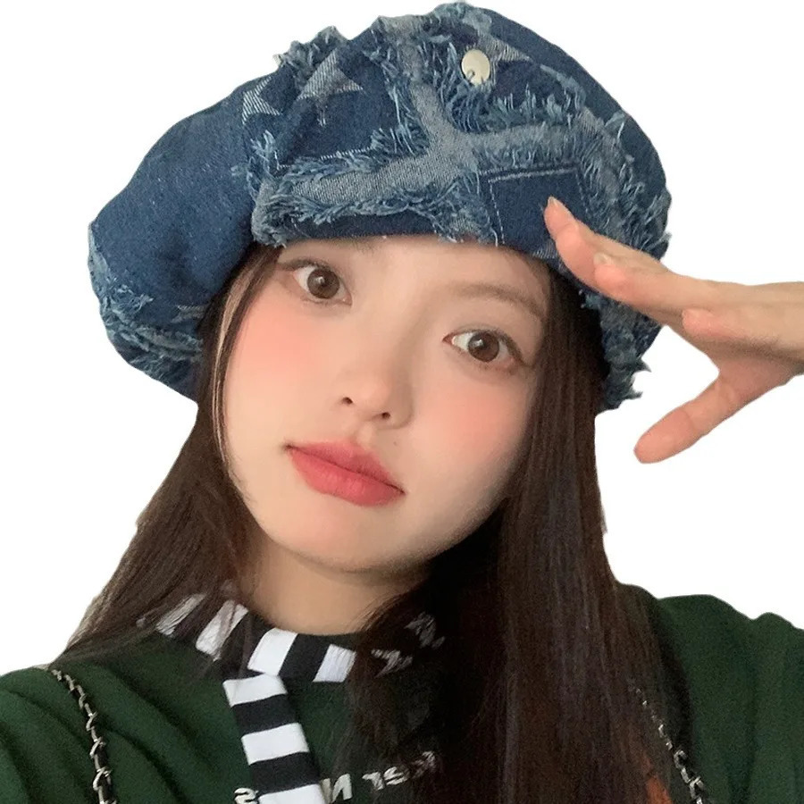 Denim Berets Caps Women Rough Edge Star Berets Showing Face Small Spring and Autumn Ins Retro Womens Hats 250320