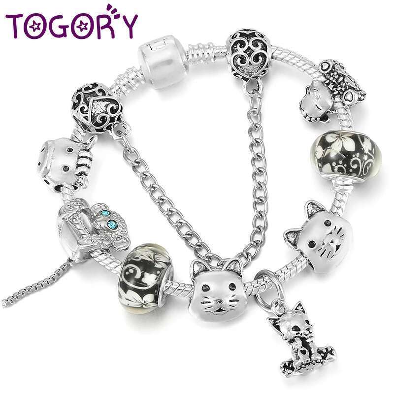 Animal Beads Bracelet With Silver Color Cat Dangle Charm Bracelet Bangle For Women Kids Men Jewelry Gift Dropshipping