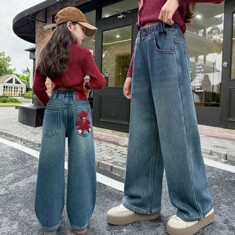 Girls Jeans Spring Autumn New Bear Embroidery Big Kids Trendy Straight Leg Denim Pants Children Wide Leg Trousers 4-14YearsT250326