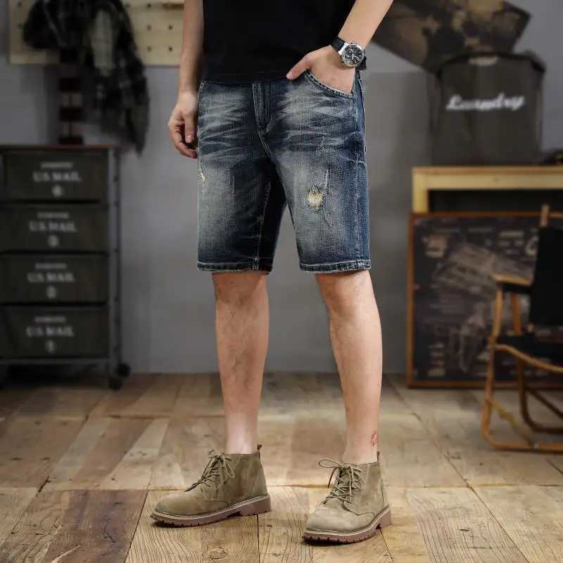 New American Fashion Vintage Wash Scratch Hole Denim Shorts Mens Slim Straight Five Minute Trousers Gangster Handmade W250319