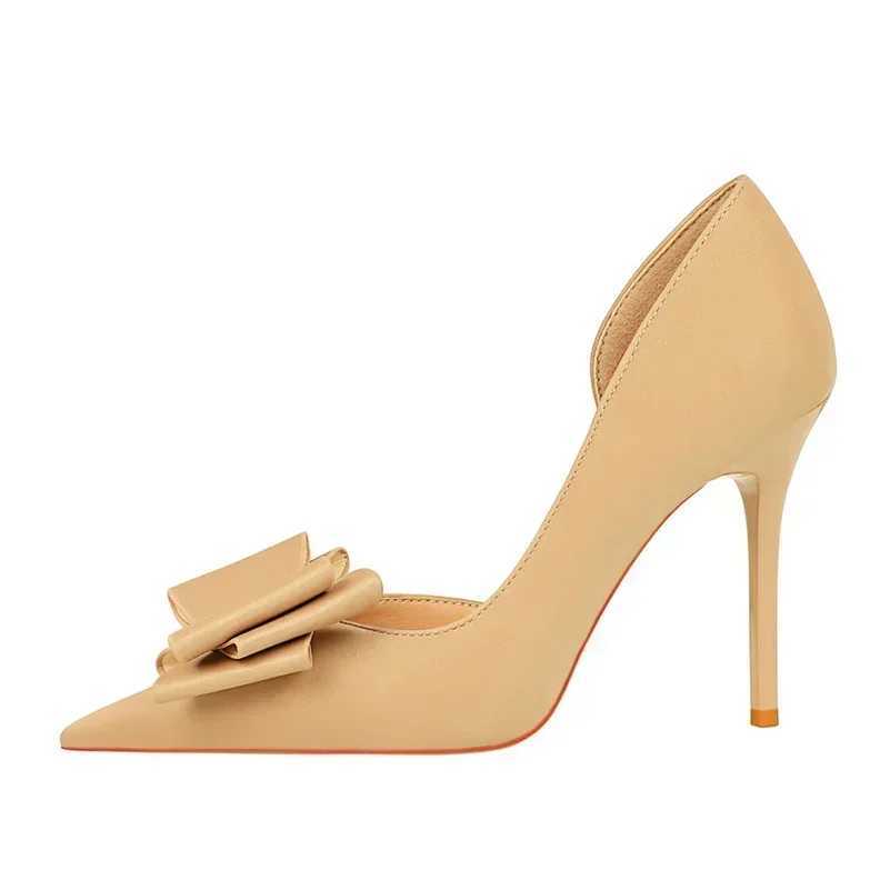 2024 temperature 10.5cm high H sweet Korean side hollow pump womens party purple green Kai bow knot H Pr silk satin shoes Y250319