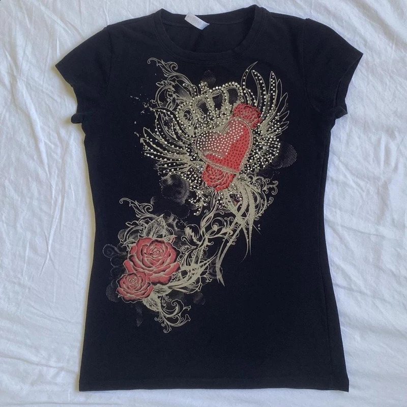2000s Retro Y2K Cybery Grunge Emo Baby Tees Rhinestone Graphic Print T-shirt Japanese Harajuku Mall Goth Short Sleeve Crop Tops 250319