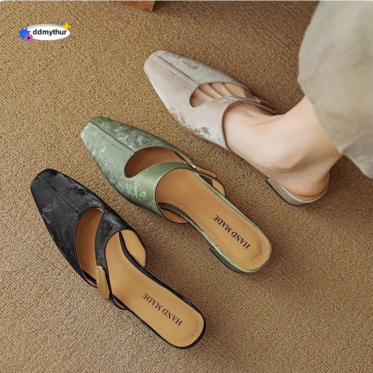 Chinese style Baotou Half Slippers for Women 2024 New Summer Square Headed One Step Thick Heel Sandals with Hollow Embroidered High Heels ddmythur