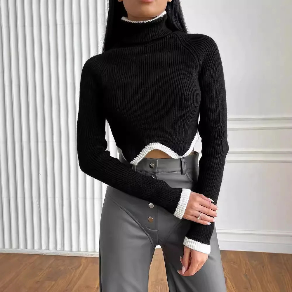 2024 Womens Selling High Collar Irregular Hem Long Sleeve Tight Sweater 250318