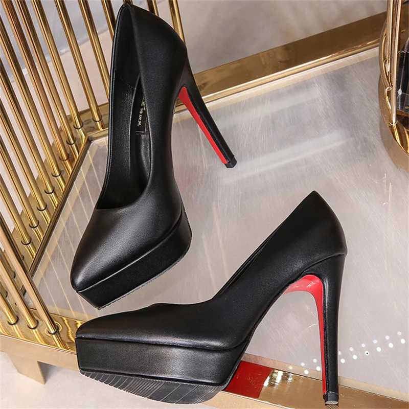 Luxury Wen Pumps Spring Autumn Slip- Platform PU Leather 12cm Thin H Korean Style Casual Wen Professional Shoes Black Y250319