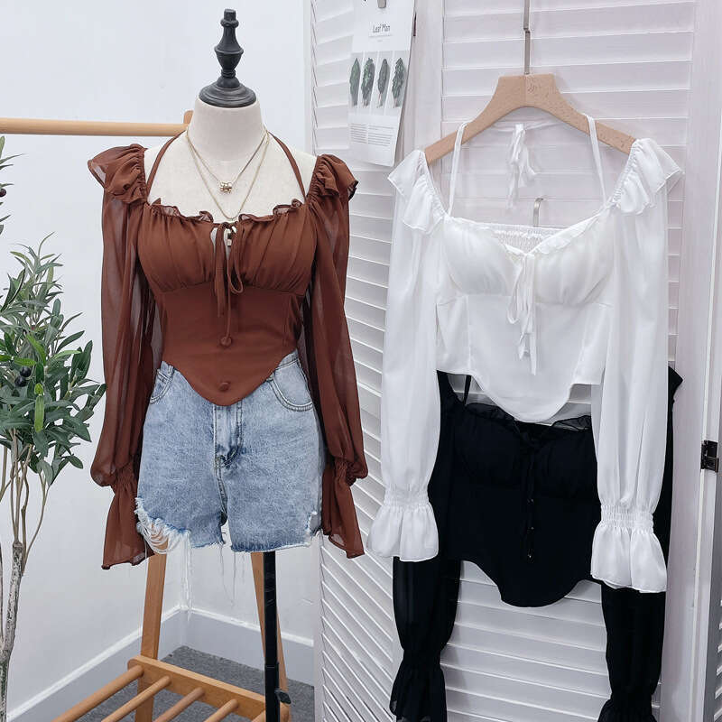 T Shirt Designer Men Blue Spicy Girl One Shoulder Neck Lacing Long Sleeve Hanging Chiffon Wooden Ear Edge Open Back Shirt Short Top with Chest Cushion