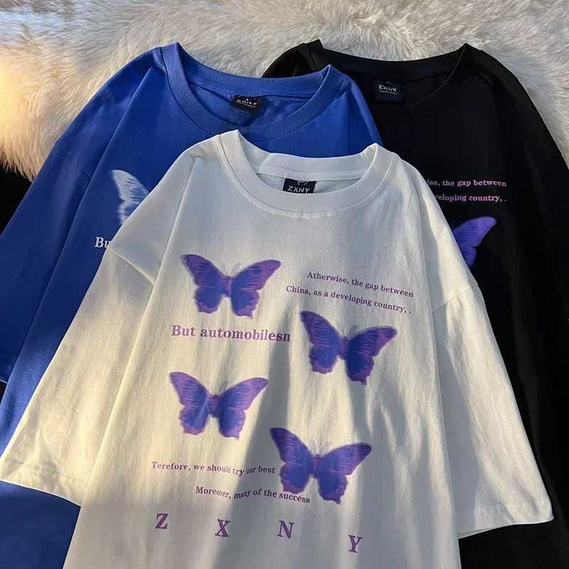Oversized Womens T-shirt Aesthetic Purple Butterfly Letter Printed Graphic T-shirt Y2k Fashion Short Sleeve HarajukuT250320