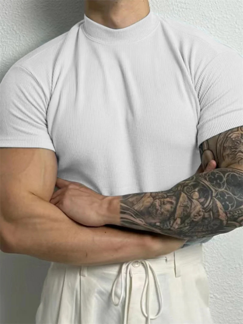 Spring and summer fashion mens Tshirt small high neck striped short sleeved fitness top casual sports shirt 250320