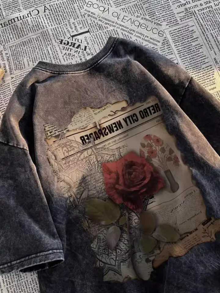 Aesthetic Romantic Rose Vintage Print Plus Size T-shirts American Streetwear Washed Cotton Large Top 2024 New Summer T-shirt Y2kT250320