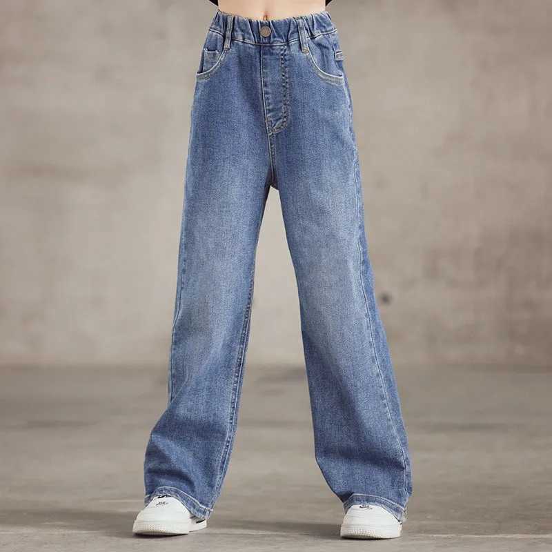 Spring Kids Jeans 3-9Y Cute Girls Solid Color Loose Wide Leg Pants Children Outwear Denim TrousersT250326