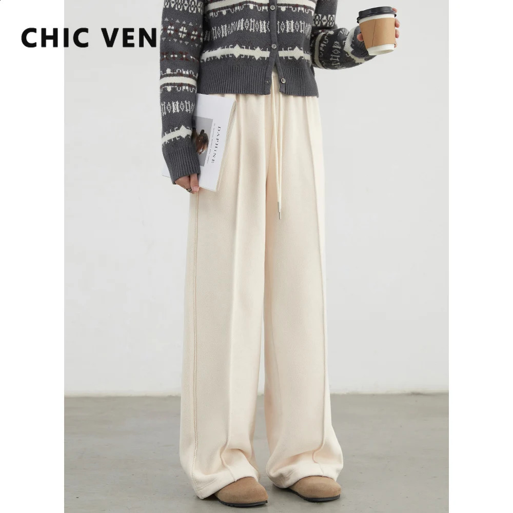 CHIC VEN Womens Casual Solid Elastic Waist Wide Leg s Trouser Lazy Straight Pants Womens Autumn Winter 250314