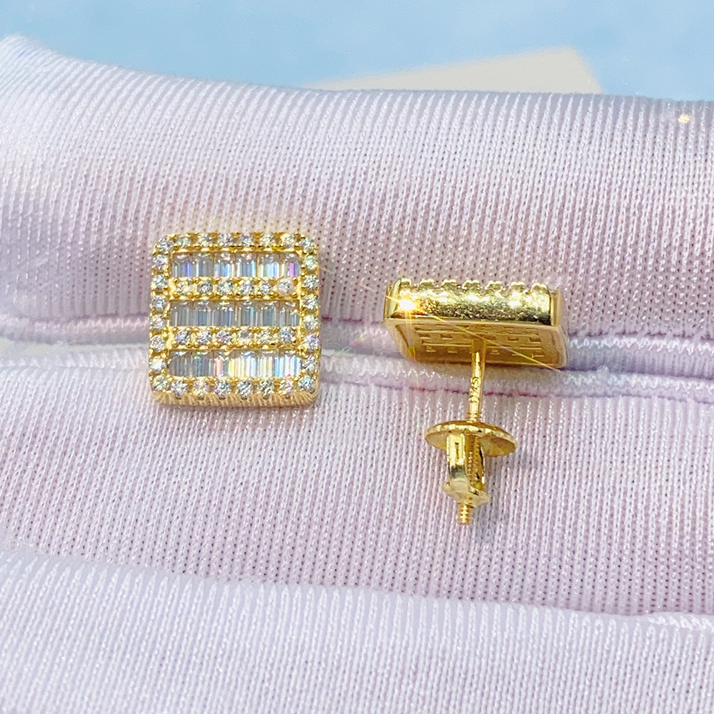 Iced Moissanite Buguette Square Earrings Screwback 14k Gold Plated Hiphop Jewelry 925 Sterling Silver Diamond Stud Earrings Gift