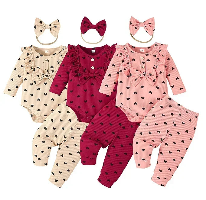 3PCS born Baby Girl Clothes Set with Heart Print Romper Pants Headband Infant Outfits 250319