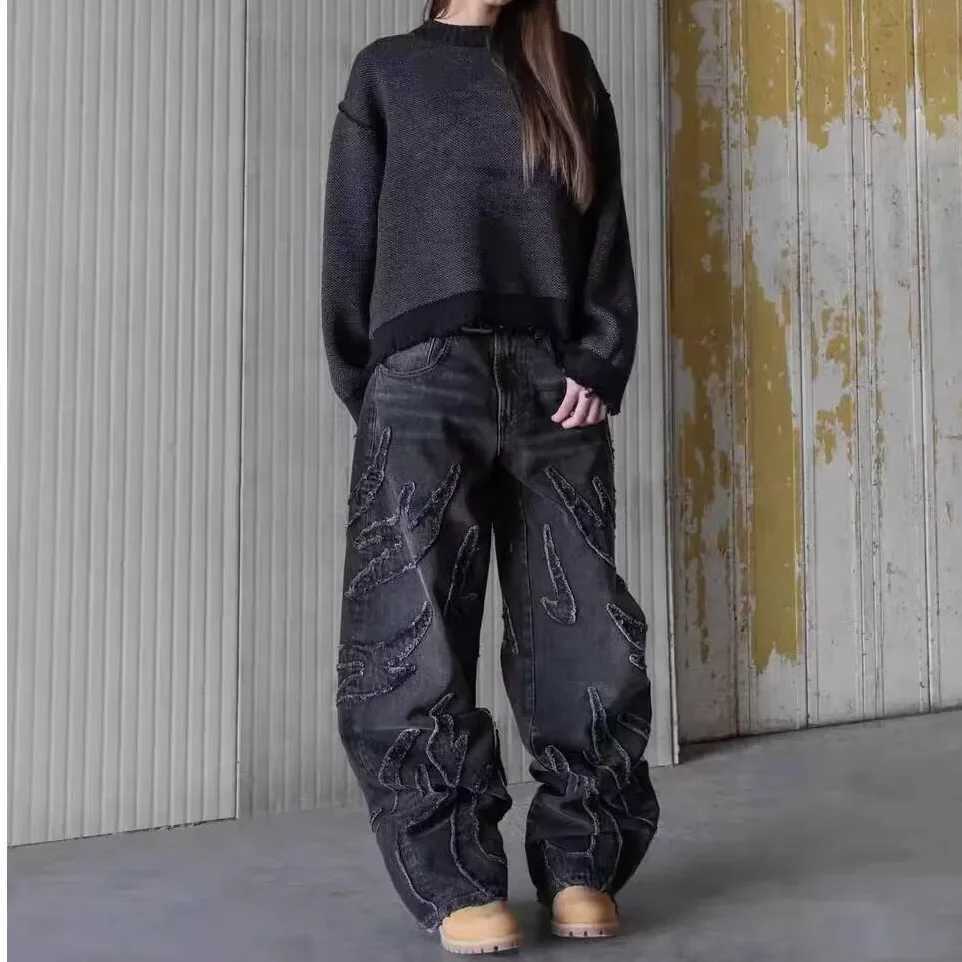Harajuku Vintage Bat Pattern Embroidery Loose Jeans Mens Street Pants Lazy JeansT250319