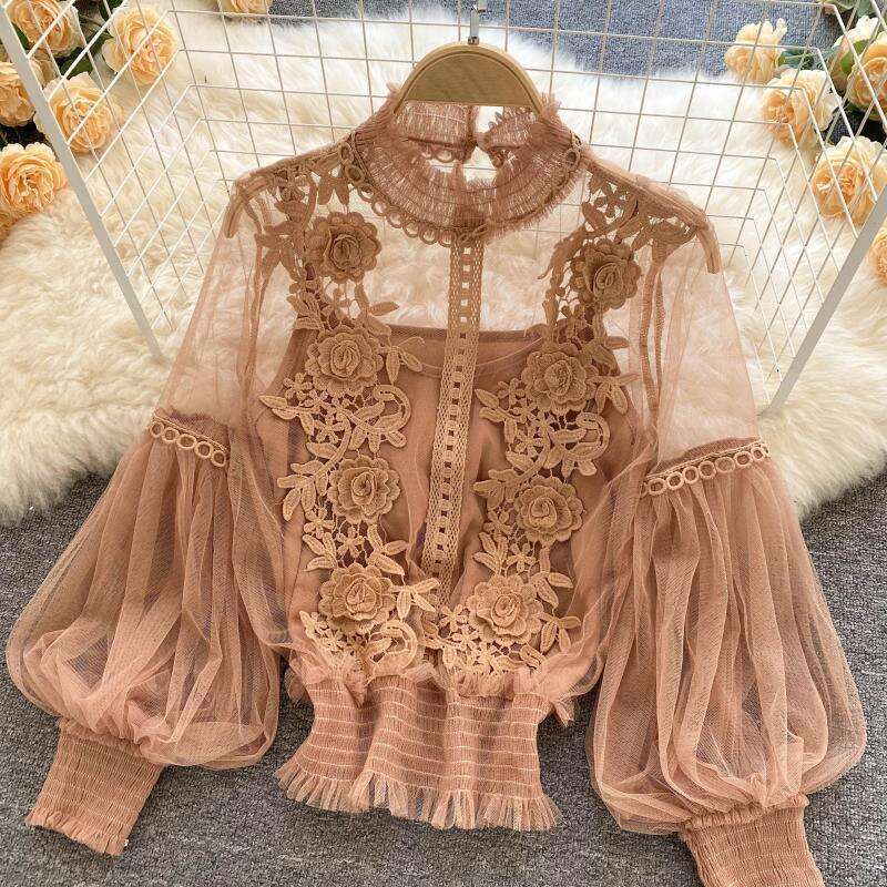 Men Croptop Mens Clothes Tshirt Design Sense Three-dimensional Flower Collage Perspective Mesh Lantern Sleeve Slim Fit Crop Top Womens Lace Bottom Shi