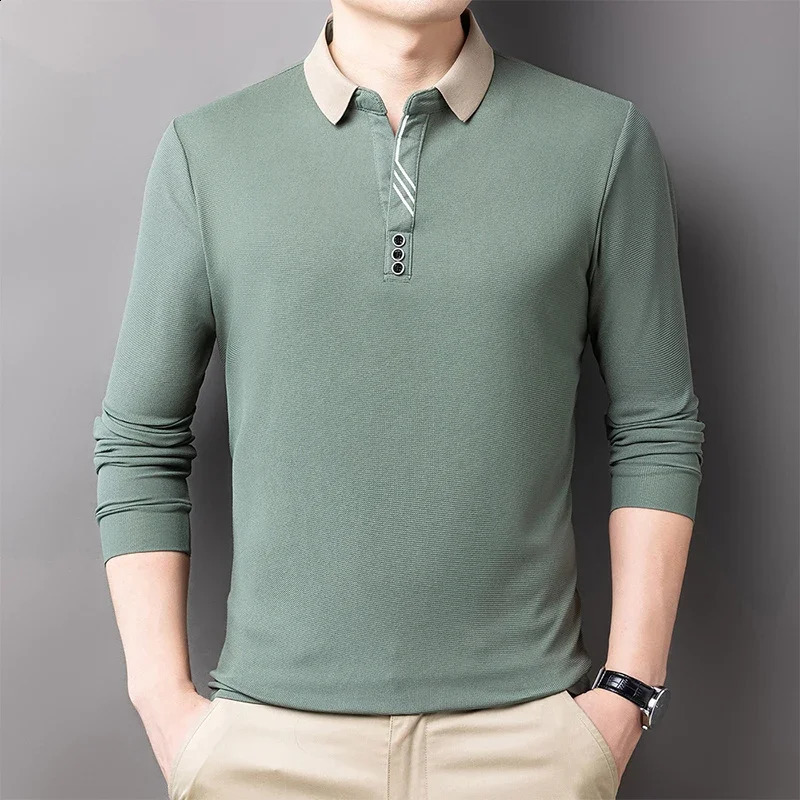 Mens casual striped plain long sleeved polo shirt fashionable solid top 250318