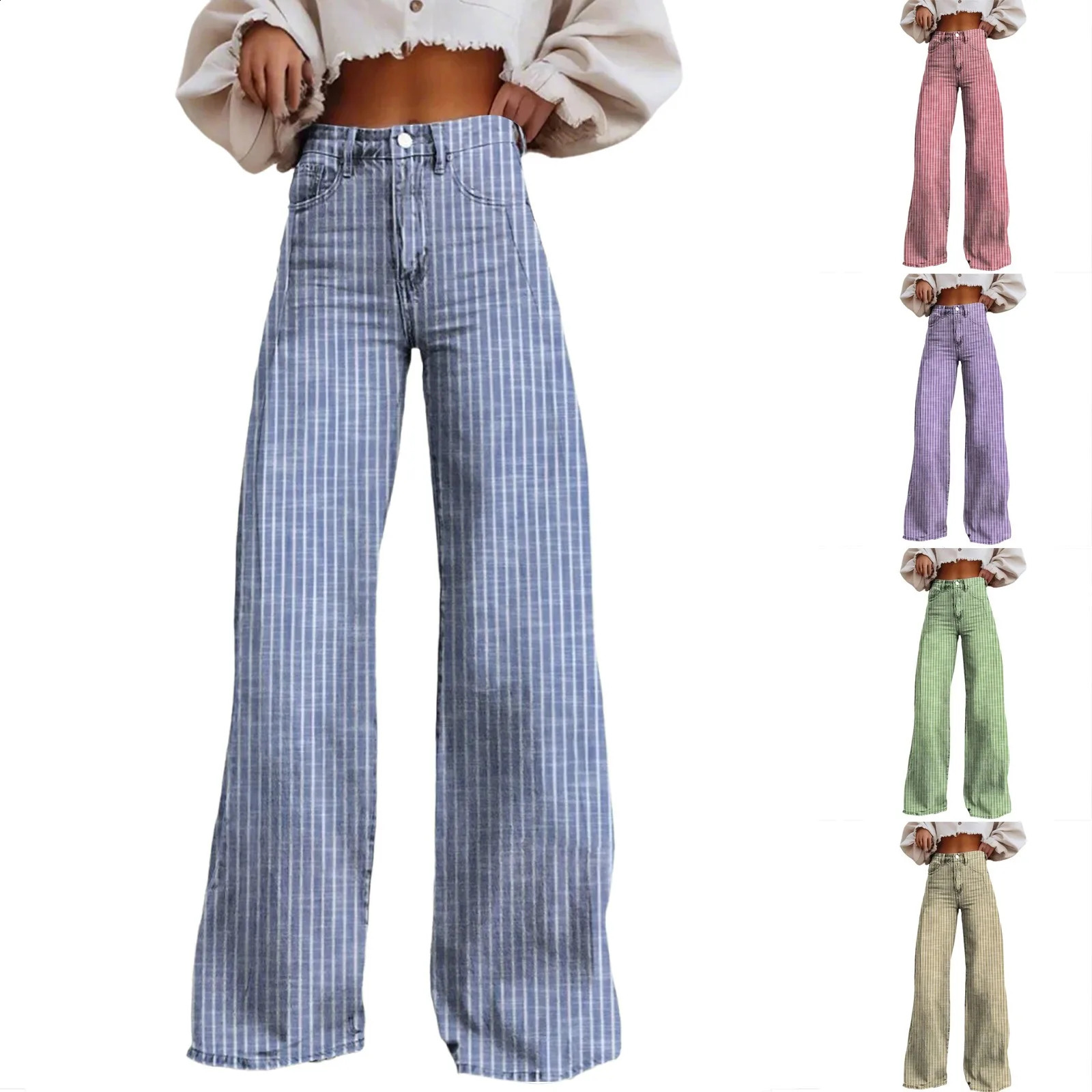 Women Bootcut Jeans Fashion Trendy Color Striped Wide Leg Straight Leg Mopping Pants Casual Street Style All-Match Denim Pants 250319