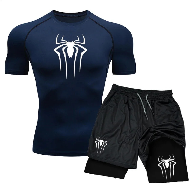 Compression Set Spider Print Sportwear for Men Quick Dry GYM ShortsShirt 2PCS Quick Dry Short Sleeve Trainning Sport Suit 250319