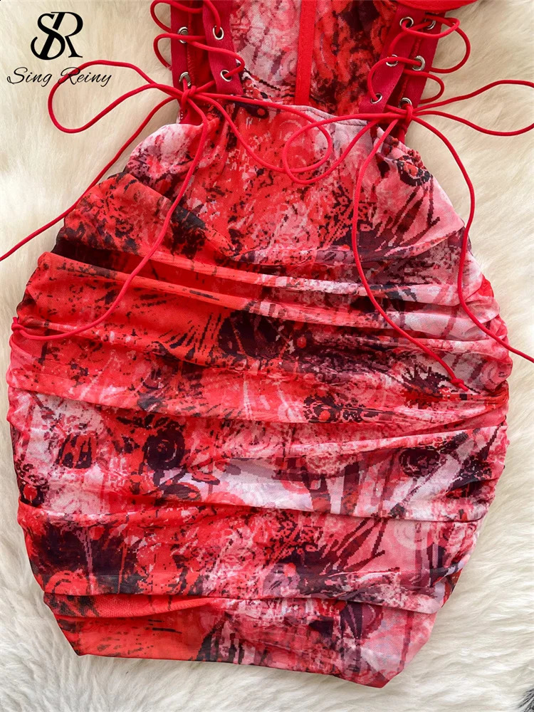 SINGREINY Summer Short Strap Dress Ladies Strapless Lace Up Hollow Out Pleated Slim Fit Print Sexy Clubwear Bodycon Dress 250317