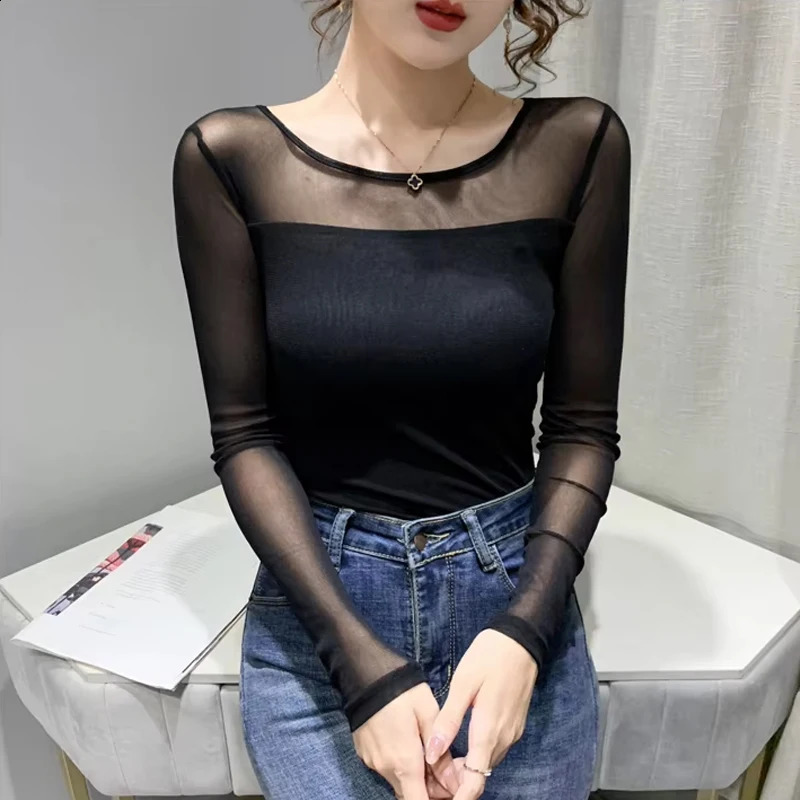 Autumn and winter round neck T-shirt womens sexy mesh eyeline shirt long sleeved solid color slim fit long sleeved casual top 250314
