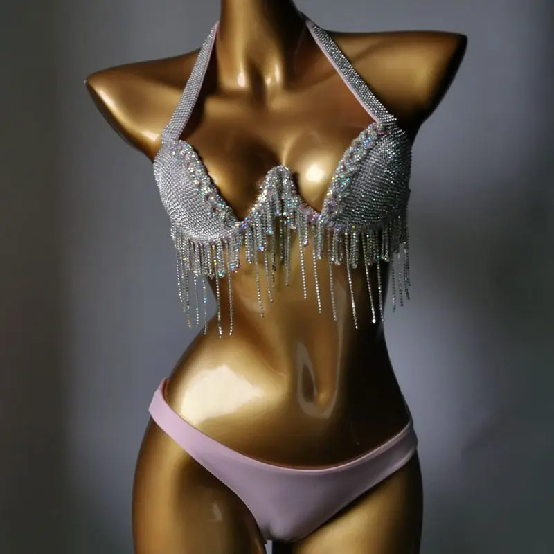 Diamond Fringe Bikini Summer Nightclub Fashion Backless Sequin Fringe Deep V Two-piece Burst Glitter Halter Bikini Set 250317