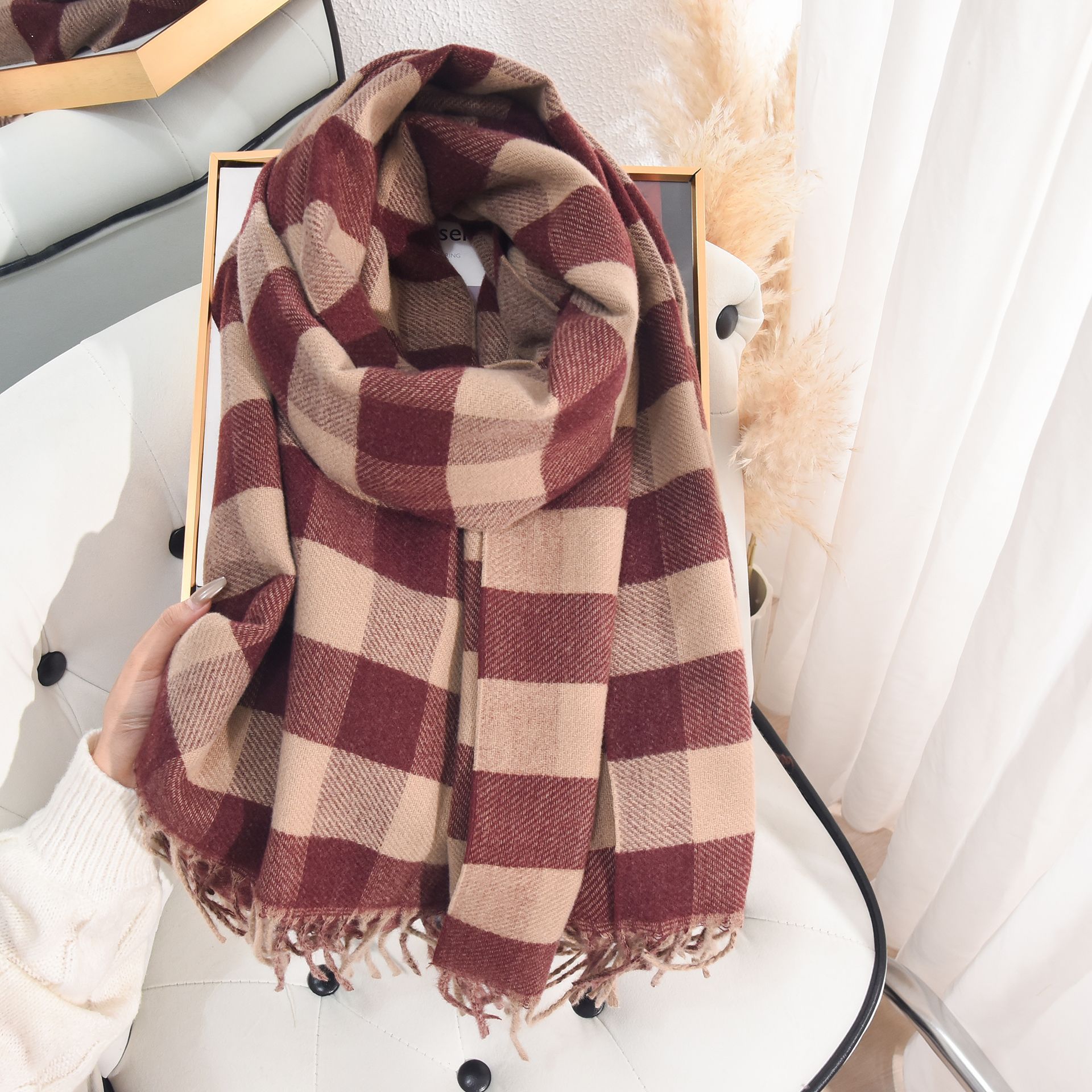 K179 Scarf autumn and winter atmosphere imitation cashmere double-sided plaid scarf Japanese and Korean women's warm outer shawl simple neck scar