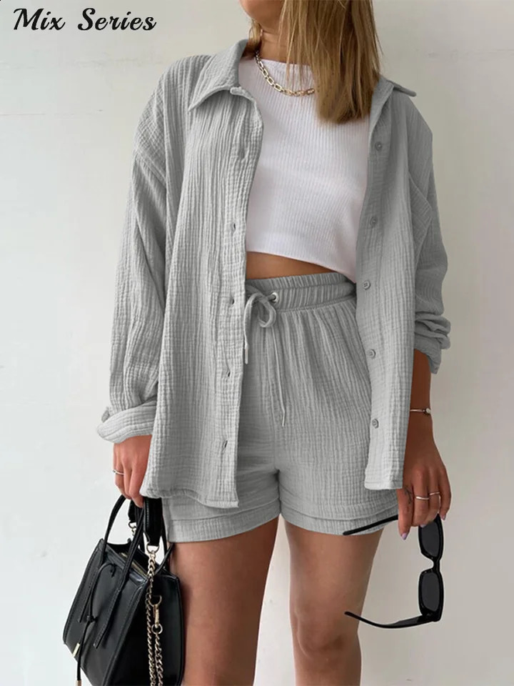 Solid pleated collar top shorts set for women oversized single chest full sleeved shirt lace pants spring womens clothing 250318