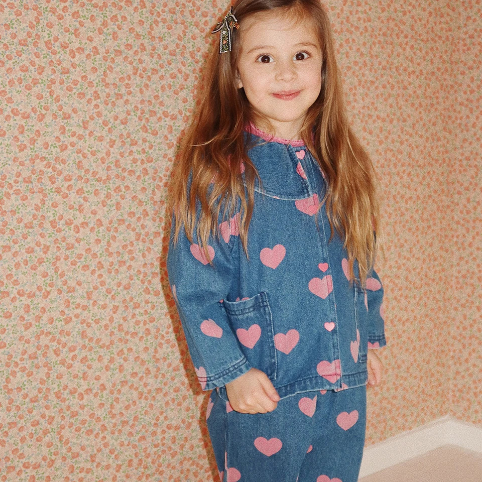 Childrens clothing set KS girls cute printed dress top childrens jeans stand jacket denim camisole 250319