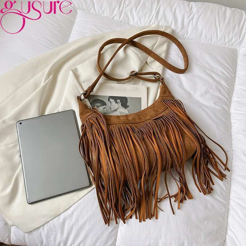 Gusure Vintage Tassel Crossbody Shoulder Bags Women Fashion Suede Small Handabg And Purse Female Design Armpit Hobos Bag