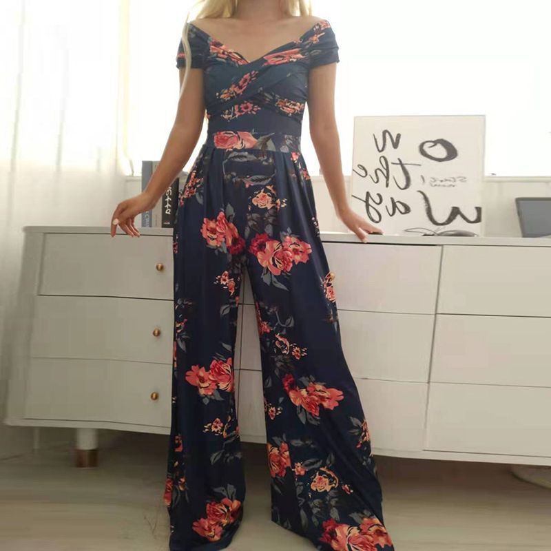 Womens Clothing Fashion Temperament Elegant Commuting Printed Wide Leg Jumpsuit