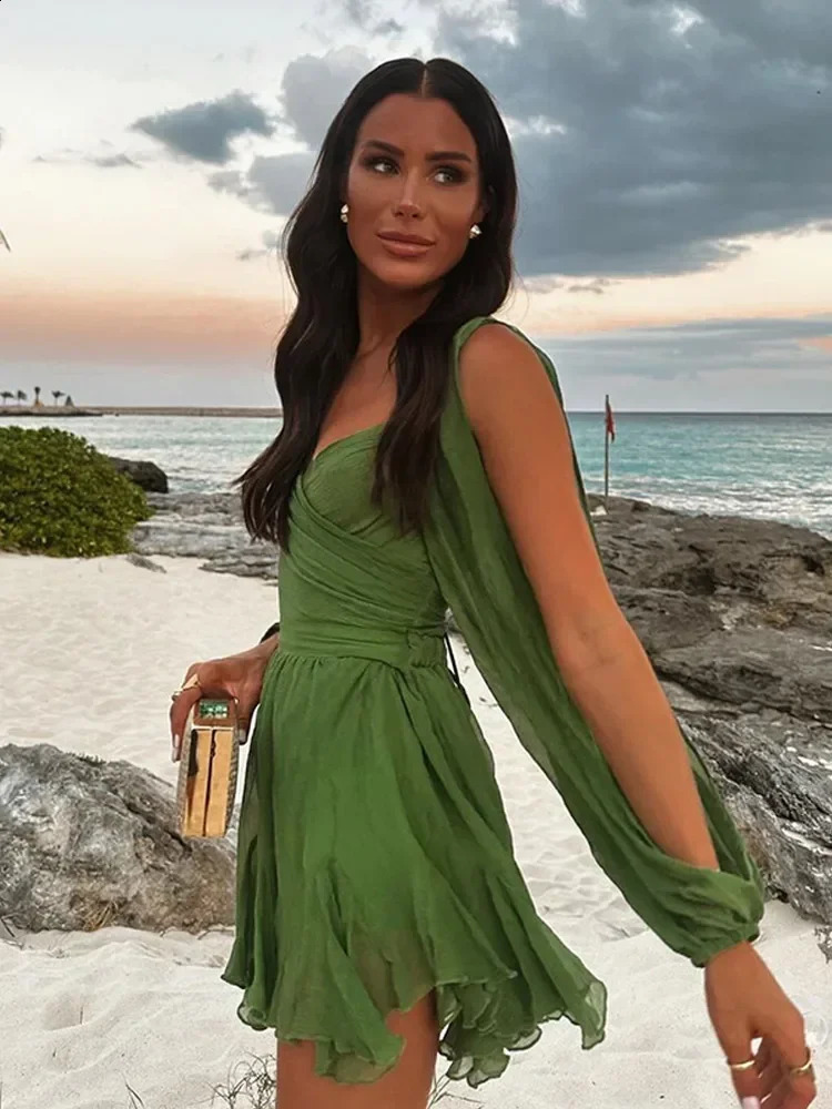 Green mesh chiffon ruffled lace mini dress sexy Vneck patchwork long sleeved ultrathin short skirt 2025 womens beach vacation party 250319