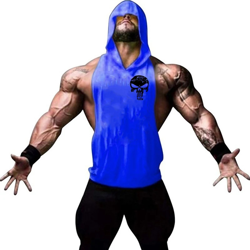 Men Bodybuilding Cotton Skulls Tank Top Gyms Fitness Hooded Vest Sleeveless Shirt Summer Casual Fashion Workout Clothing 250320
