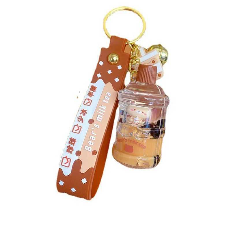 Cute Oil Pearl Milk Tea Bear Floating Liquid Keychain Bag Pendant Cartoon Cup Beverage Bottle Keychain Girl Keychain Gift 2023XJ250319