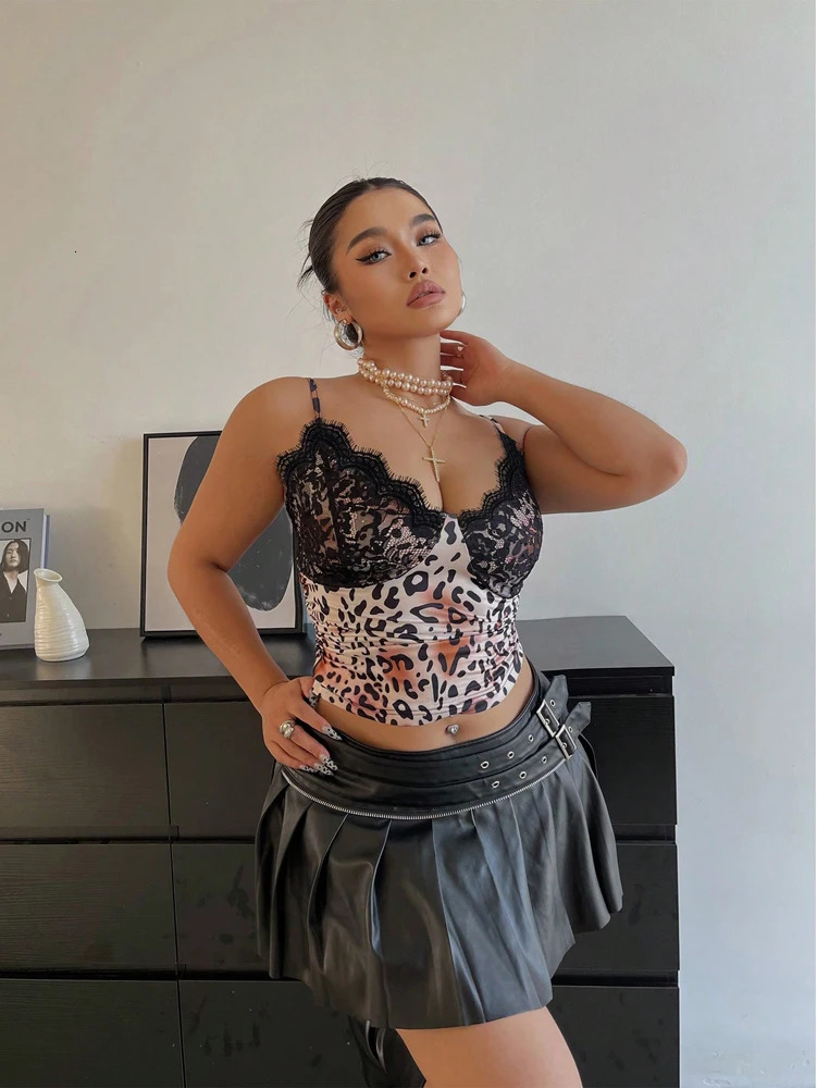 Plus Size Womens Leopard Lace Splicing Bowknot Camisole Top Lace Edge Y2K V Neck Slim Sexy Camisole Tank Top 250320