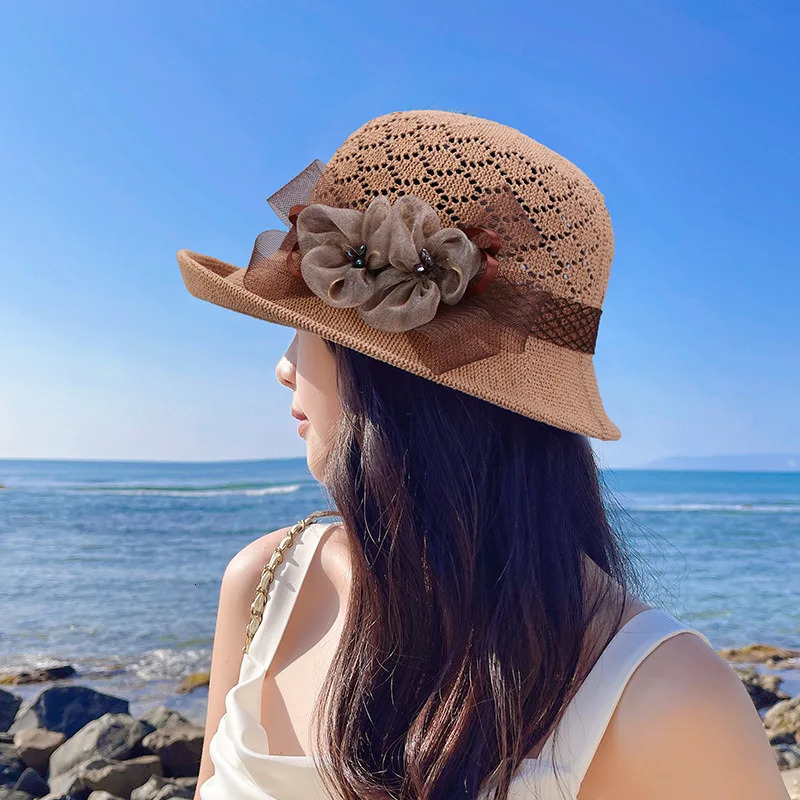 Summer Solid Floppy Straw Hats For Women Elegant Flowers Accessories Panama Hat Ladies Knitted Bucket Cap Beach Sun Cap 250320