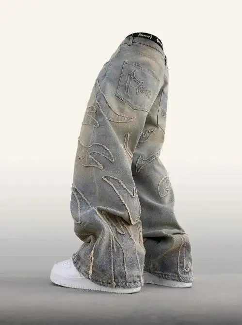 2025 new jeans Y2K mens retro hip-hop Distressed Embroidered Baggy jeans black pants Rock High Waist Wide Leg TrousersT250319
