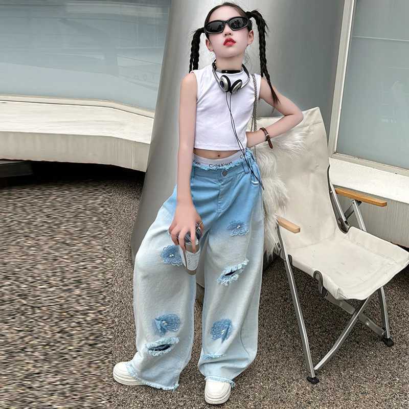 Youth Fashion Jeans Summer Girls Breakthrough 3D Butterfly Hanging Dyed Pants Personalized Loose Wide Leg Pants Fashion Trend 8TT250326