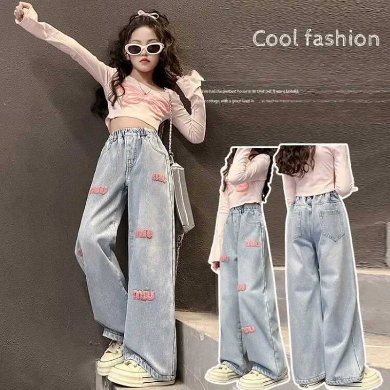 Pink Towel Embroidered Jeans 2024 Summer Girls Casual Cute Fashion Embroidered Alphabet Wide Leg PantsT250326