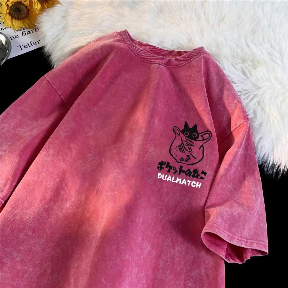 Men Women Cartoon T-Shirt Vintage Summer Harajuku Kawaii Cat Print Short Sleeve Tees Couple Streetwear Loose Clothes Cotton TopsT250320