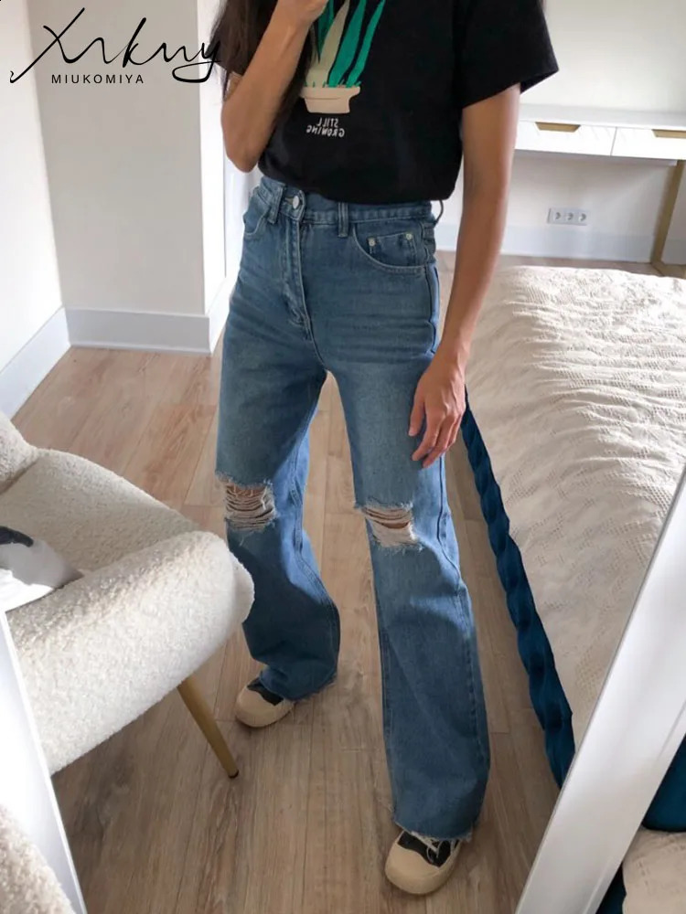 MiuKoMiYa Ripped Jeans For Women Streetwear Straight Denim Pants High Waist Long Denim Trousers Women Hollow Out Jeans 250314