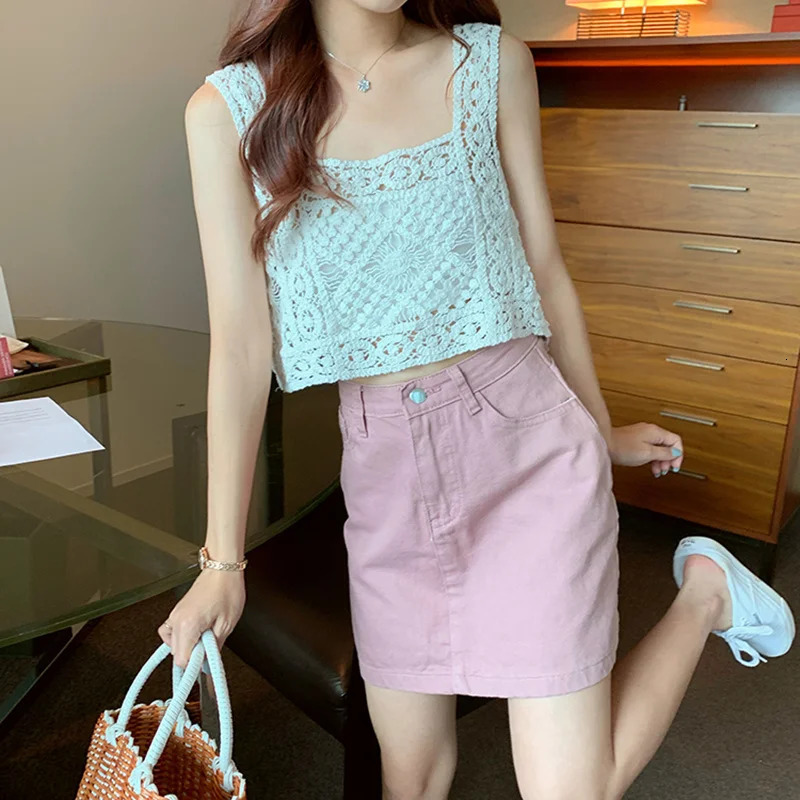 Square Collar Cotton Crochet Tank Top Sexy Knitted Hollow Out Mesh Vest Crop Top Women Femme Vintage Backless Short Tops Female 250320