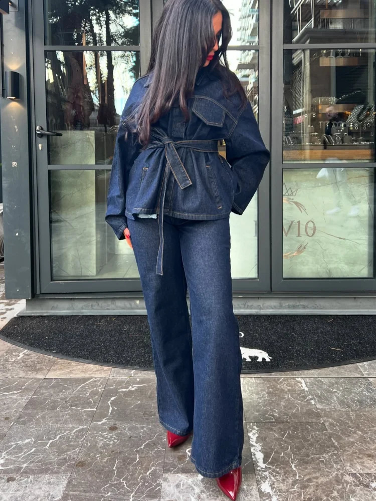 Spring denim belt womens jacket set fashionable lace single chest 2025 high waist straight pants 250319