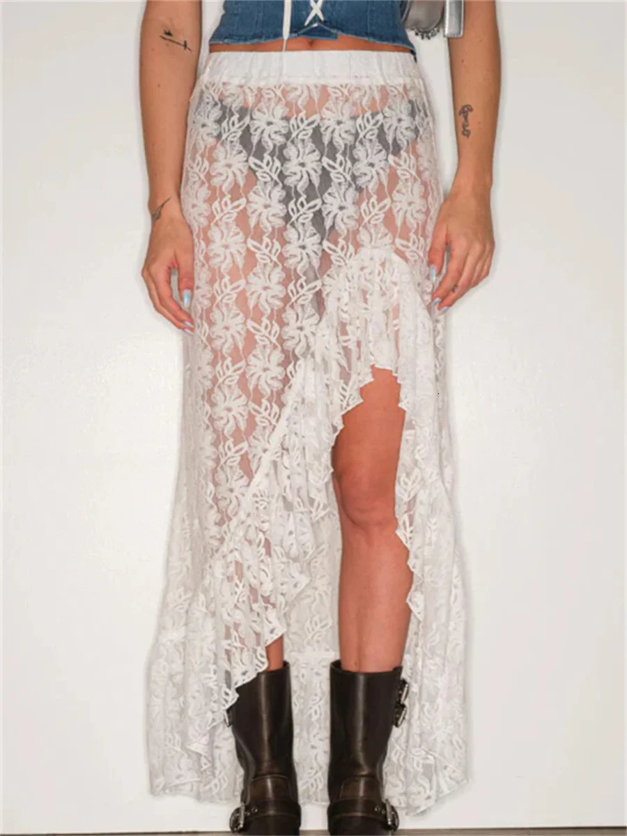 Women Sheer Mesh Y2k Lace Skirt See Through Vintage Fairy Grunge Lace Floral Ruffle Irregular Hem Maxi Skirt Trendy Streetwear 250320