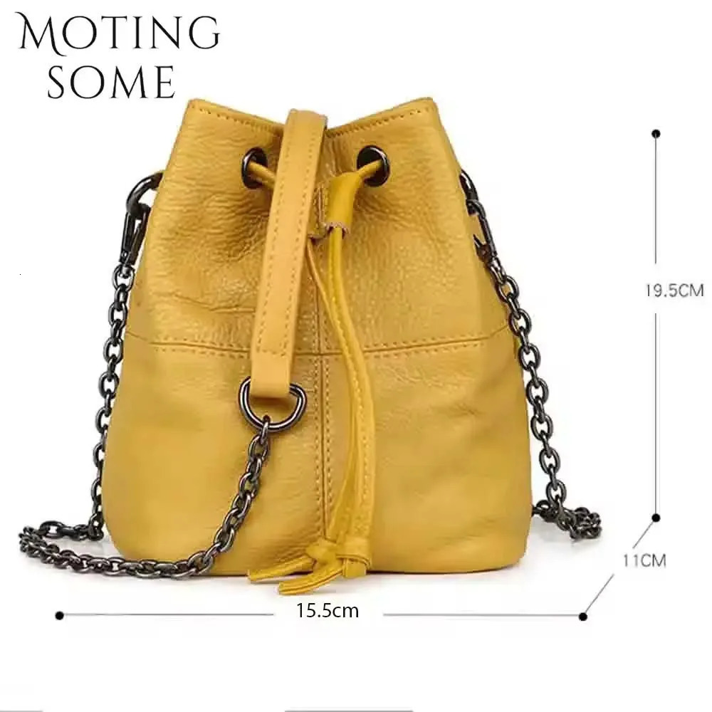 Motingsome Samll Womens Bucket Bag 100% Natural Leather Handbag Chain Shoulder Wallet Womens Mini Bag Yellow 250317